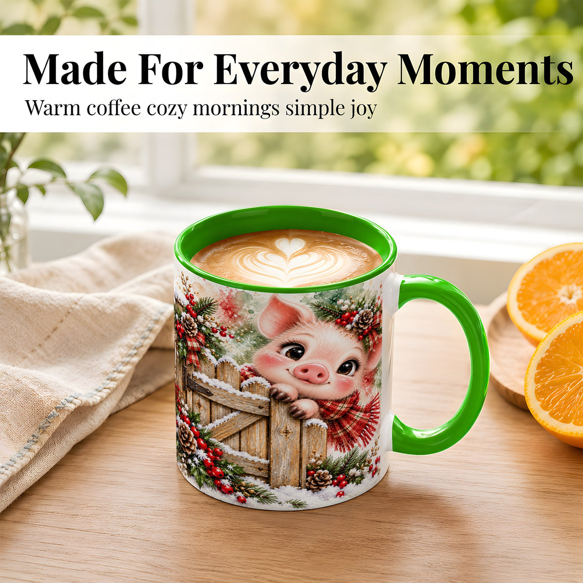 #pl[11oz|Green] Christmas Piglet Coffee Mug, Farmhouse Pink Pig Mug, Ceramic Cup