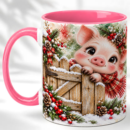 #pl[11oz|Pink] Christmas Piglet Coffee Mug, Farmhouse Pink Pig Mug, Ceramic Cup
