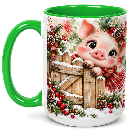#pl[15oz|Green] Christmas Piglet Coffee Mug, Farmhouse Pink Pig Mug, Ceramic Cup