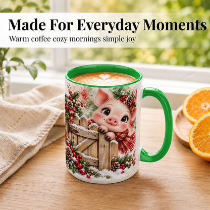 #pl[15oz|Green] Christmas Piglet Coffee Mug, Farmhouse Pink Pig Mug, Ceramic Cup
