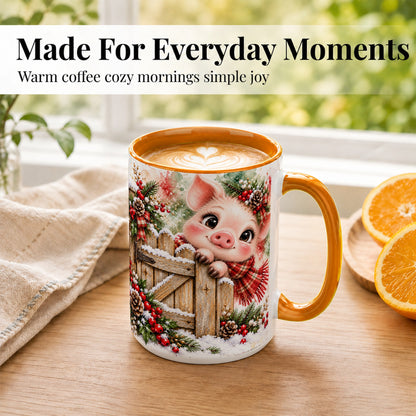 #pl[15oz|Orange] Christmas Piglet Coffee Mug, Farmhouse Pink Pig Mug, Ceramic Cup