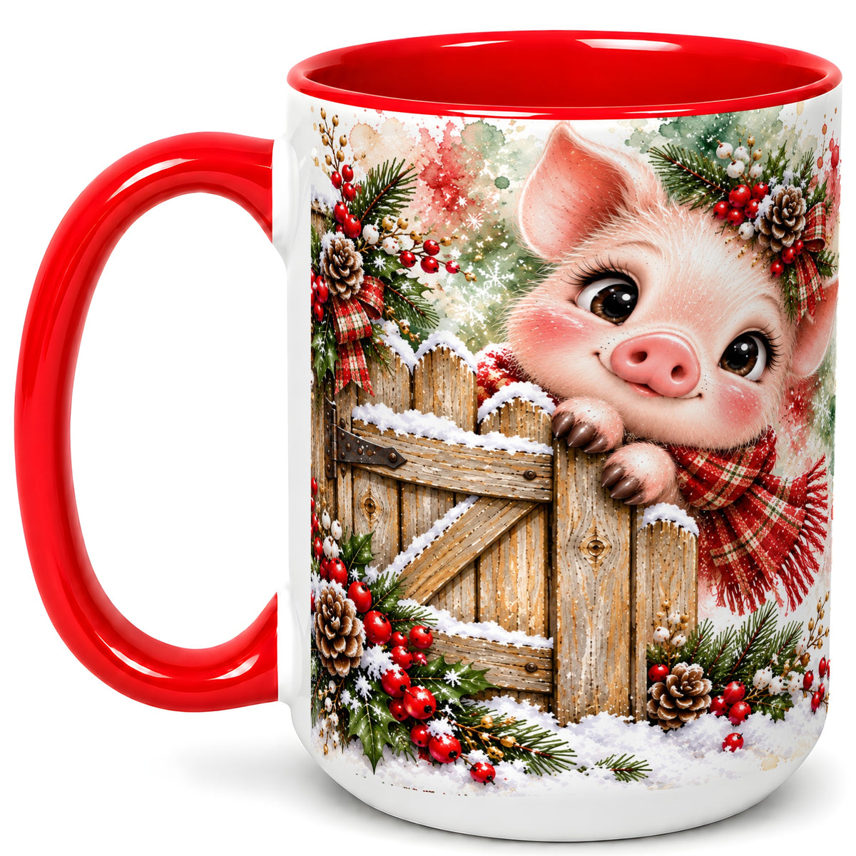 #pl[15oz|Red] Christmas Piglet Coffee Mug, Farmhouse Pink Pig Mug, Ceramic Cup