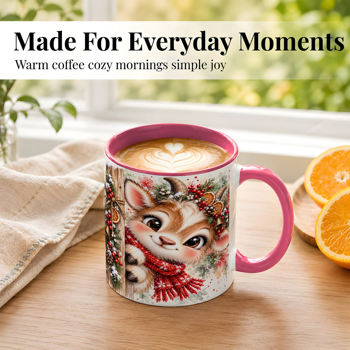#pl[11oz|Pink] Christmas Reindeer Coffee Mug, Winter Deer Mug, Ceramic Cup