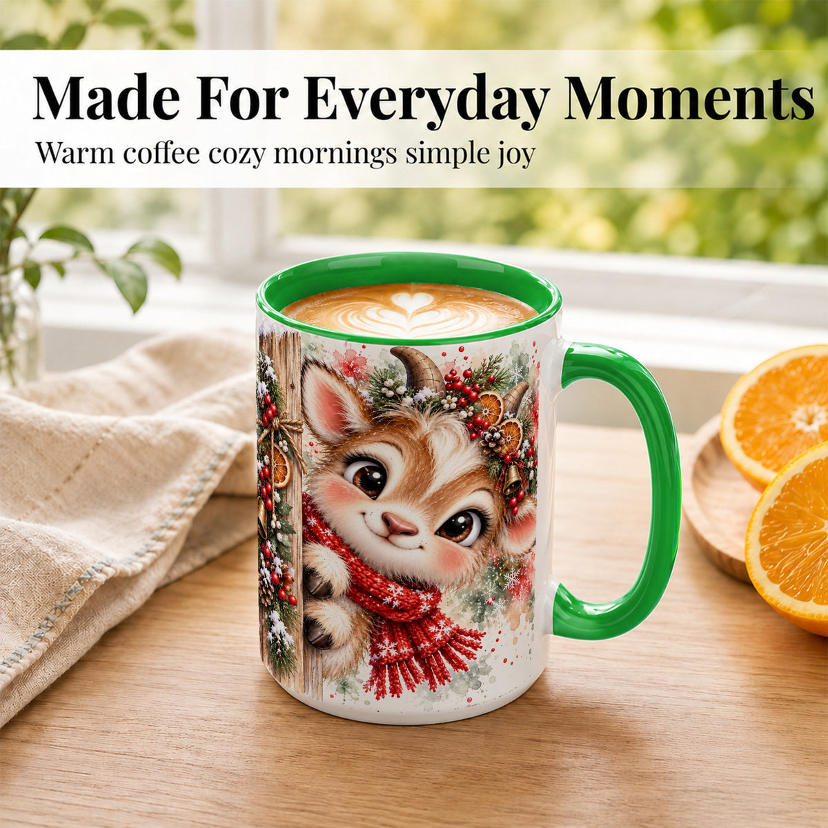 #pl[15oz|Green] Christmas Reindeer Coffee Mug, Winter Deer Mug, Ceramic Cup