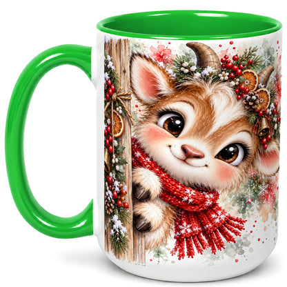#pl[15oz|Green] Christmas Reindeer Coffee Mug, Winter Deer Mug, Ceramic Cup