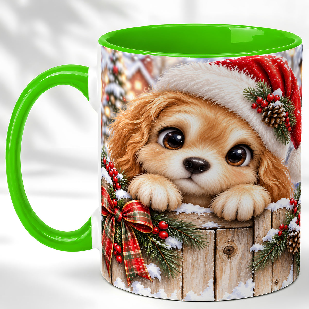 #pl[11oz|Green] Christmas Puppy Coffee Mug, Santa Hat Dog Mug, Ceramic Cup