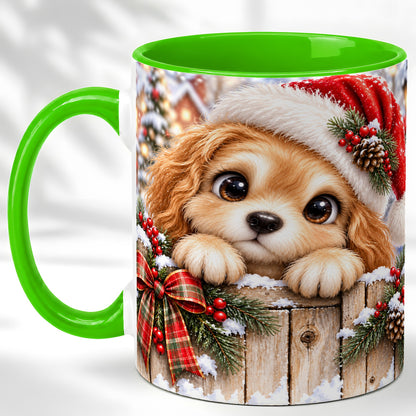 #pl[11oz|Green] Christmas Puppy Coffee Mug, Santa Hat Dog Mug, Ceramic Cup