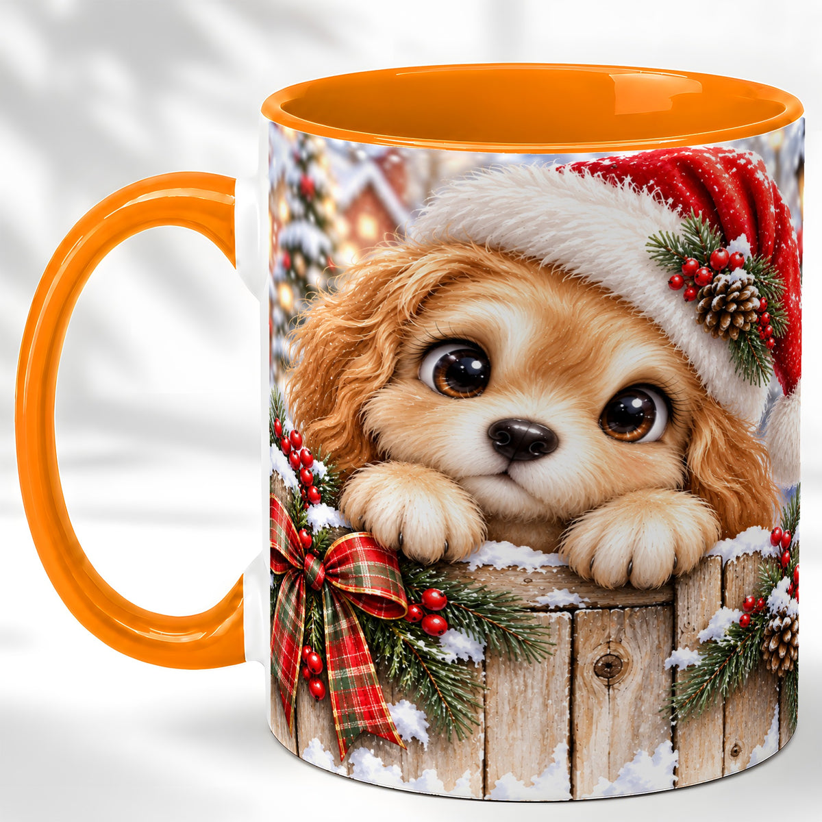 #pl[11oz|Orange] Christmas Puppy Coffee Mug, Santa Hat Dog Mug, Ceramic Cup