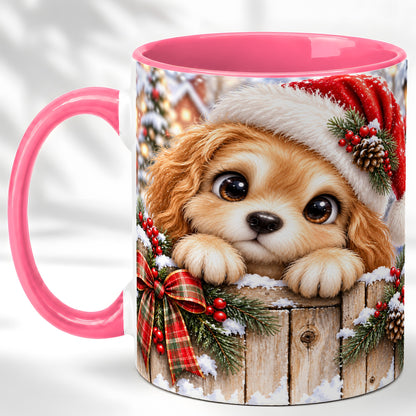#pl[11oz|Pink] Christmas Puppy Coffee Mug, Santa Hat Dog Mug, Ceramic Cup