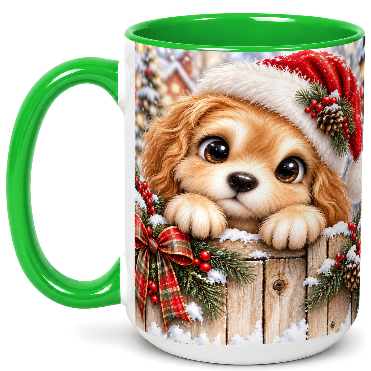 #pl[15oz|Green] Christmas Puppy Coffee Mug, Santa Hat Dog Mug, Ceramic Cup