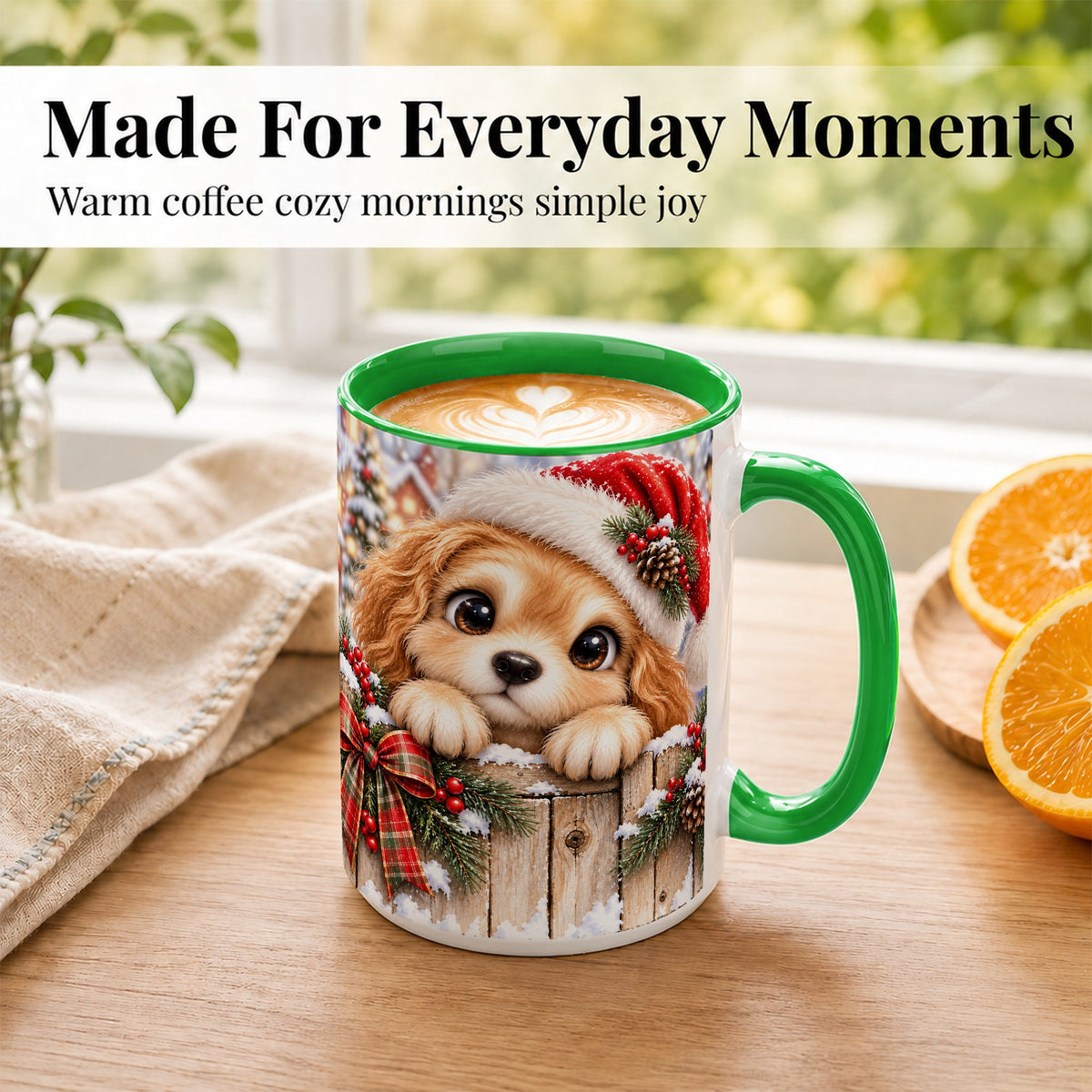 #pl[15oz|Green] Christmas Puppy Coffee Mug, Santa Hat Dog Mug, Ceramic Cup