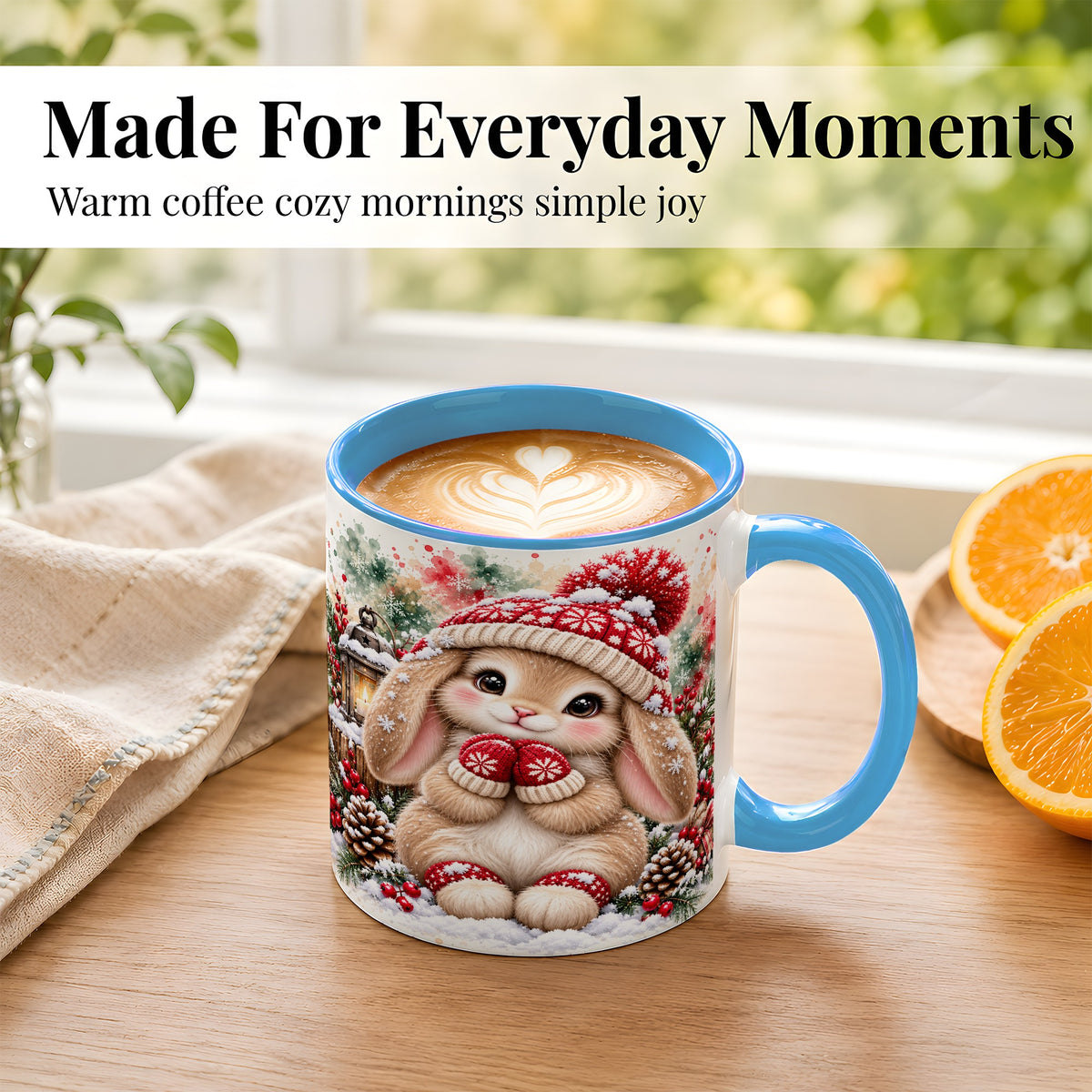 #pl[11oz|Blue] Christmas Bunny Coffee Mug, Winter Rabbit Mug, Ceramic Cup