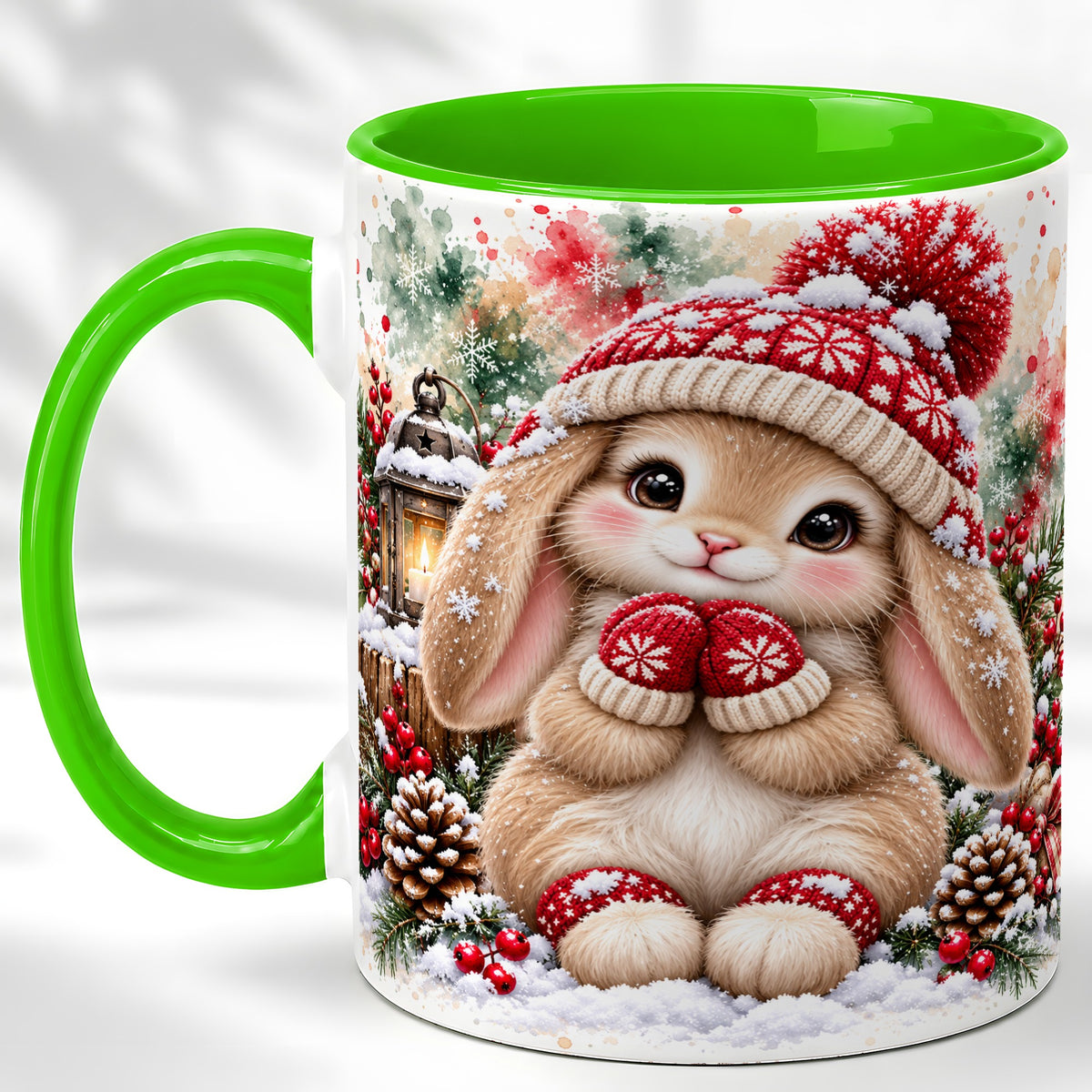 #pl[11oz|Green] Christmas Bunny Coffee Mug, Winter Rabbit Mug, Ceramic Cup