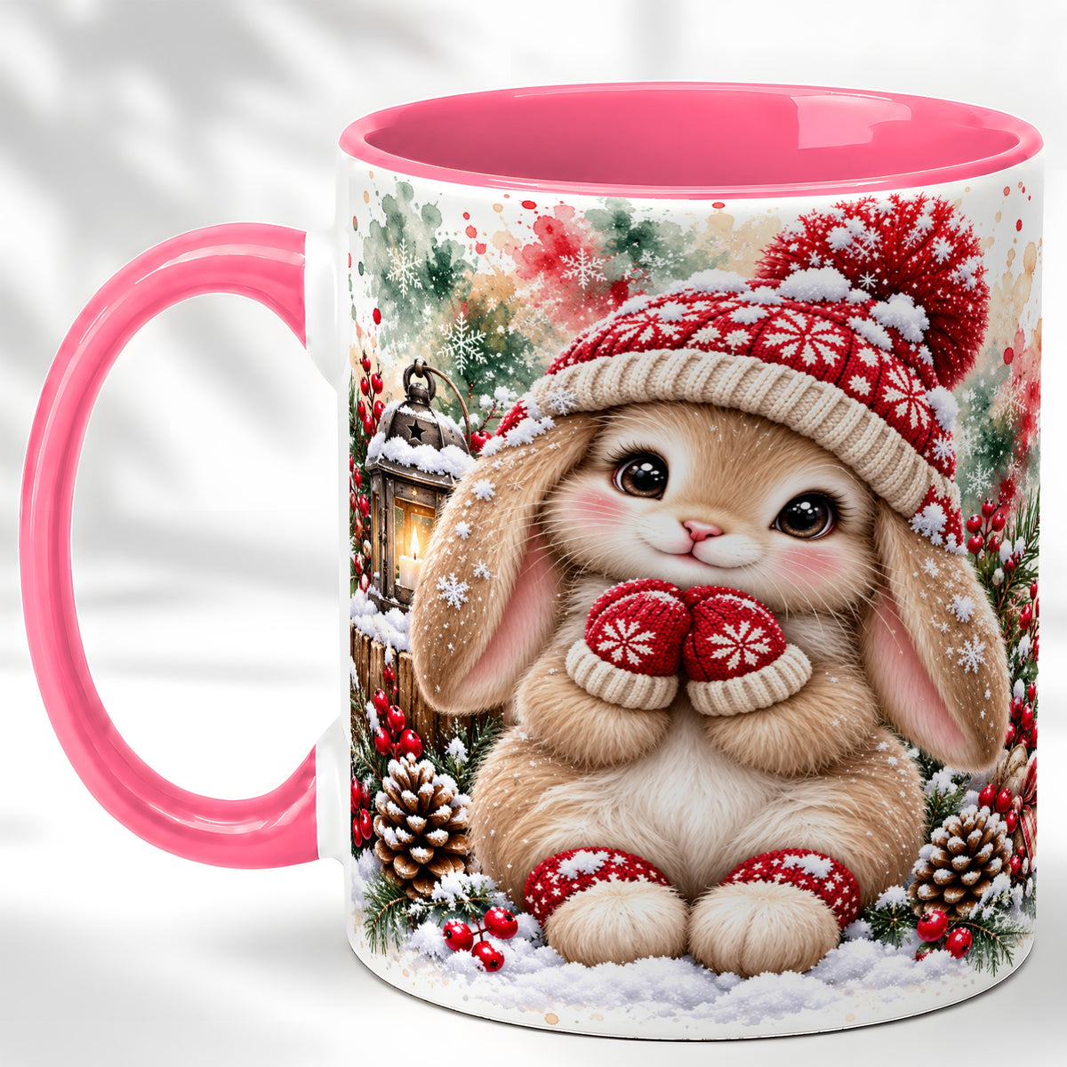 #pl[11oz|Pink] Christmas Bunny Coffee Mug, Winter Rabbit Mug, Ceramic Cup