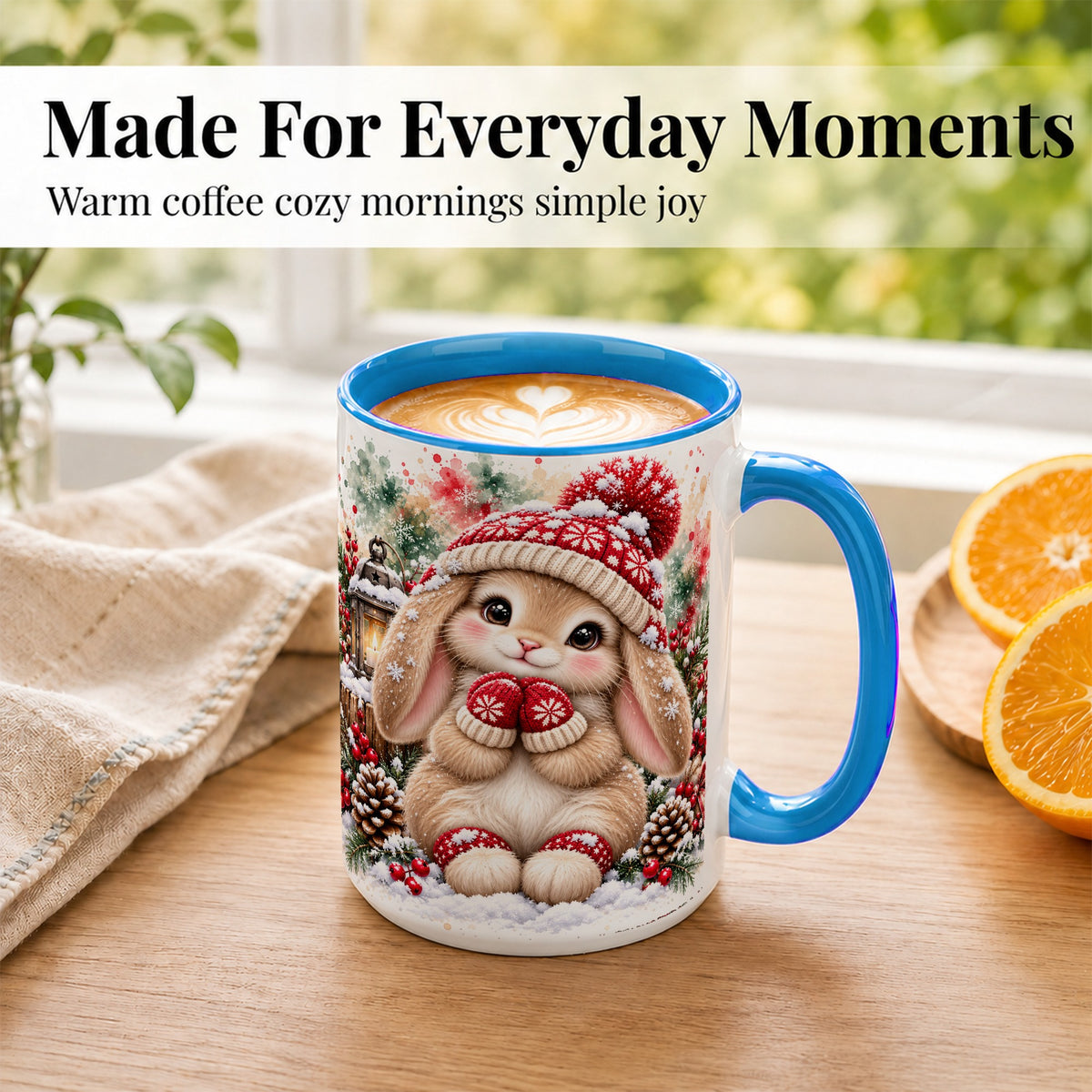 #pl[15oz|Blue] Christmas Bunny Coffee Mug, Winter Rabbit Mug, Ceramic Cup