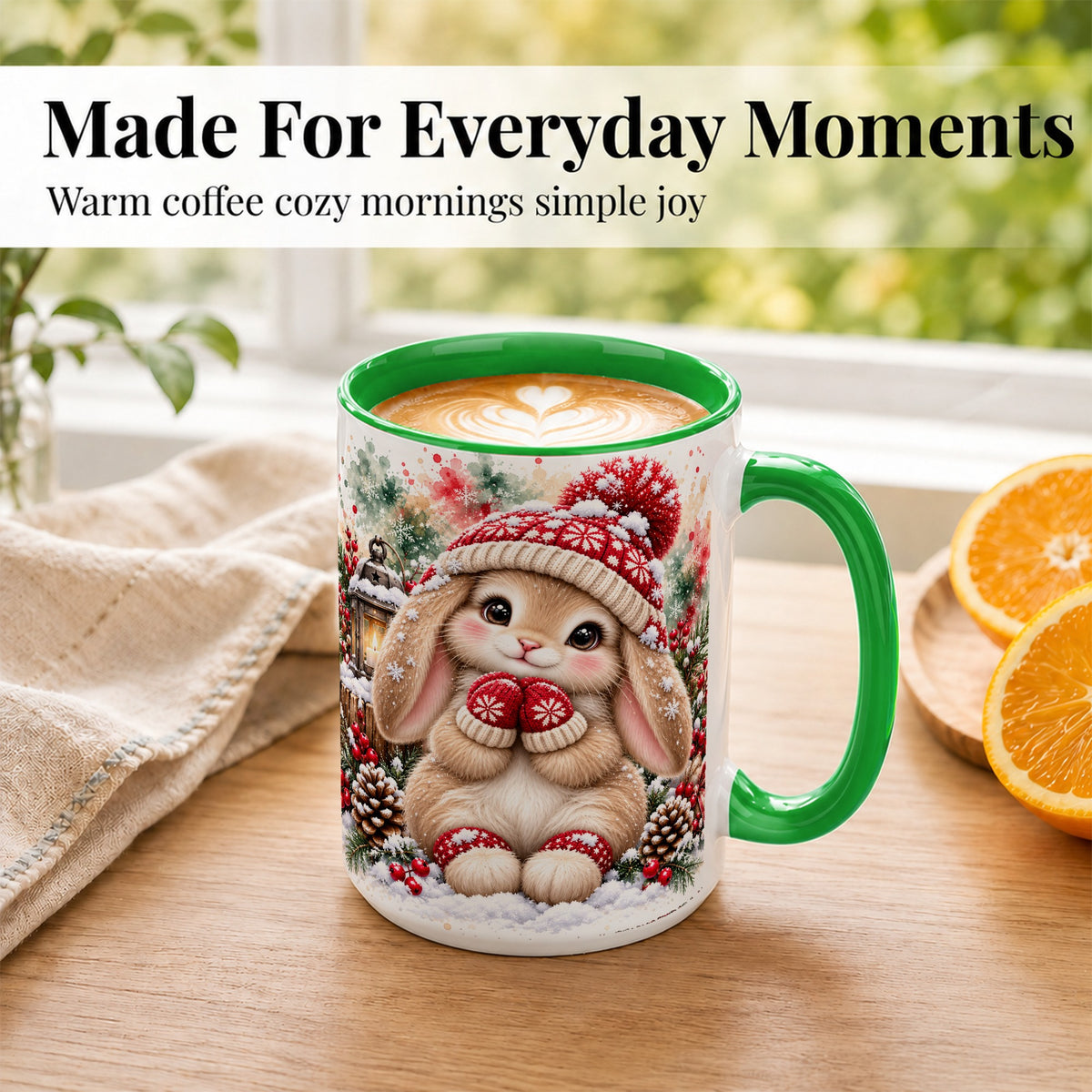 #pl[15oz|Green] Christmas Bunny Coffee Mug, Winter Rabbit Mug, Ceramic Cup
