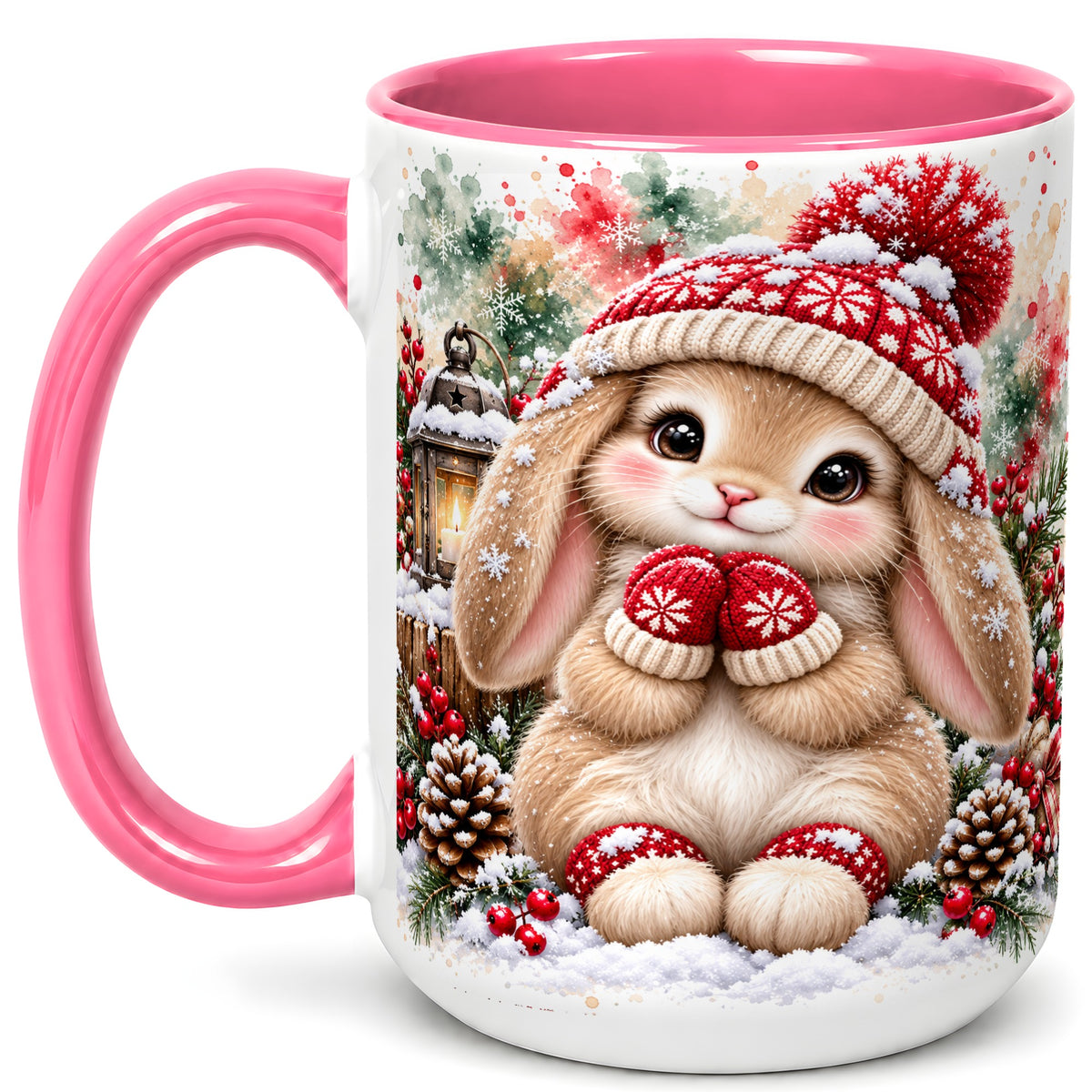 #pl[15oz|Pink] Christmas Bunny Coffee Mug, Winter Rabbit Mug, Ceramic Cup