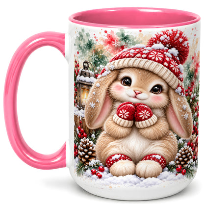#pl[15oz|Pink] Christmas Bunny Coffee Mug, Winter Rabbit Mug, Ceramic Cup
