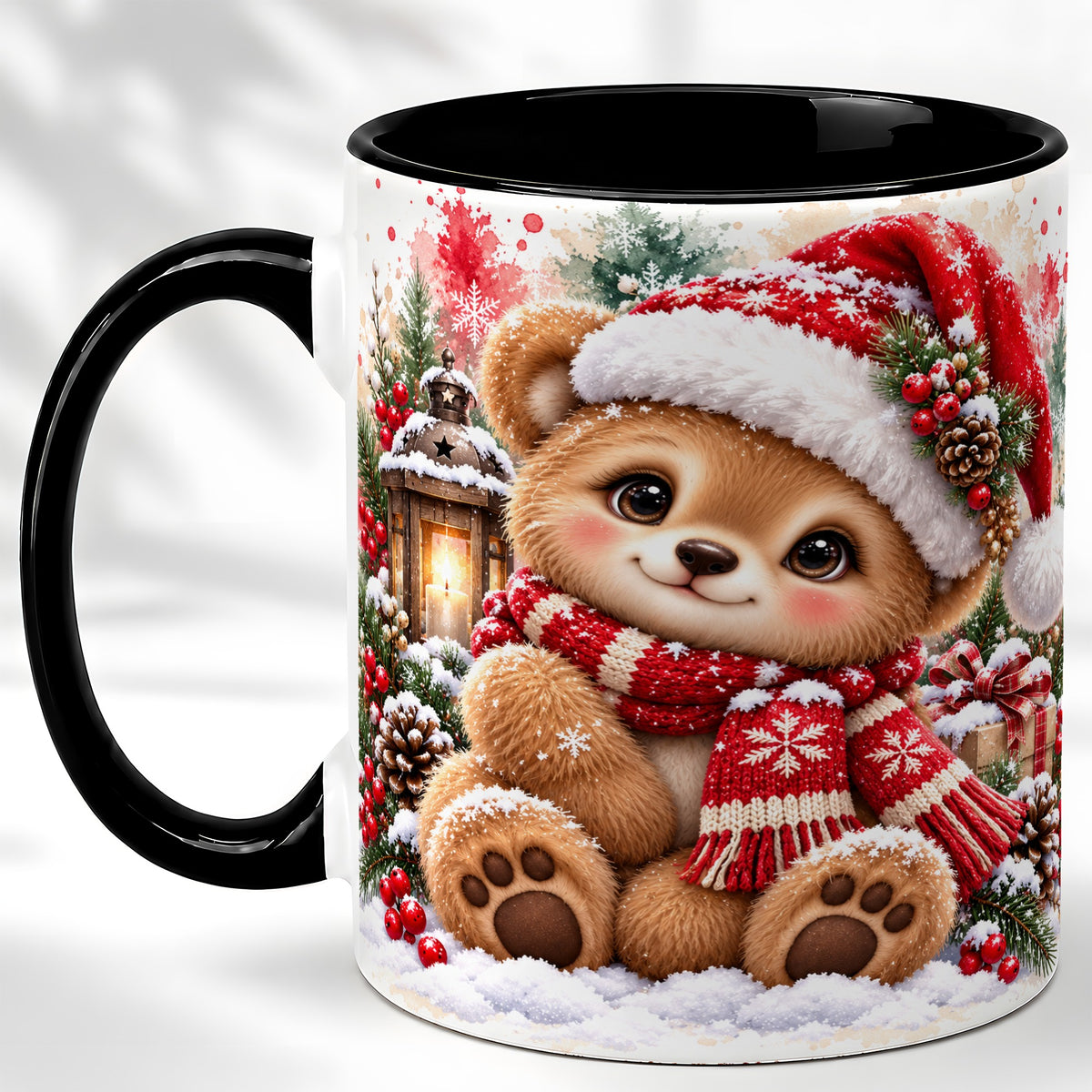 #pl[11oz|Black] Christmas Teddy Bear Coffee Mug, Santa Bear Mug, Ceramic Cup
