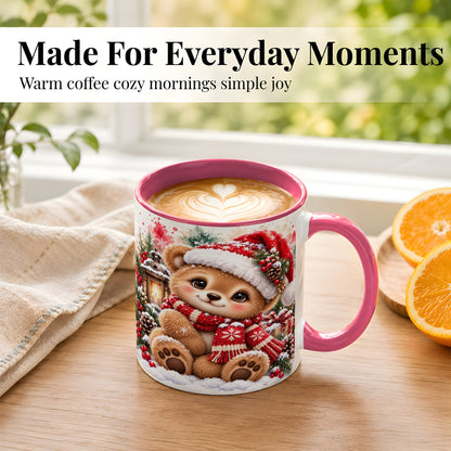 #pl[11oz|Pink] Christmas Teddy Bear Coffee Mug, Santa Bear Mug, Ceramic Cup