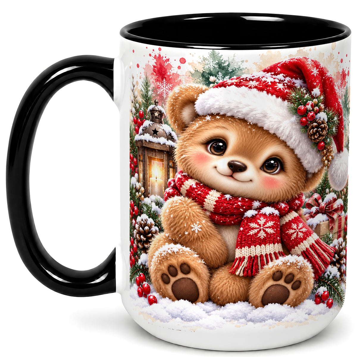 #pl[15oz|Black] Christmas Teddy Bear Coffee Mug, Santa Bear Mug, Ceramic Cup