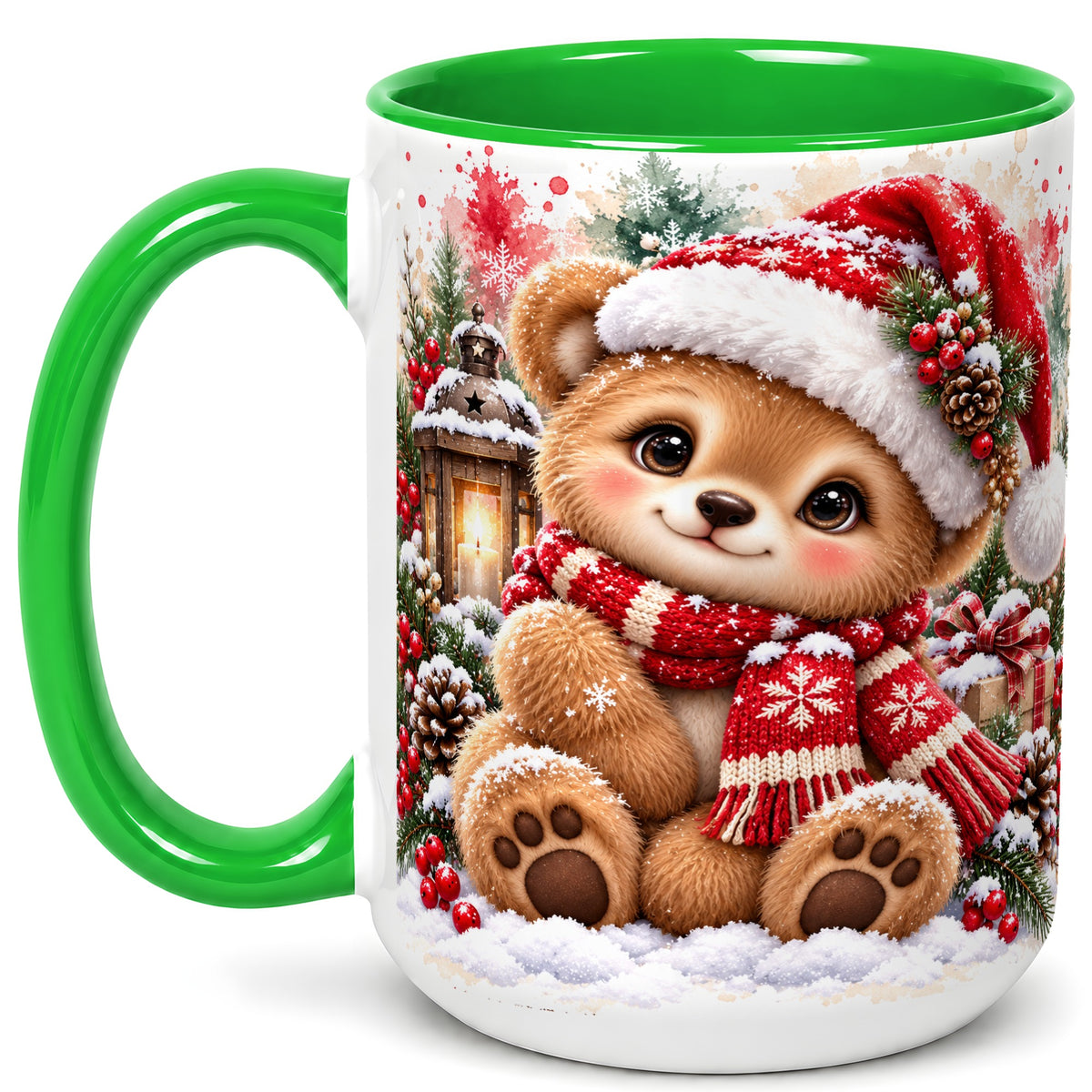 #pl[15oz|Green] Christmas Teddy Bear Coffee Mug, Santa Bear Mug, Ceramic Cup
