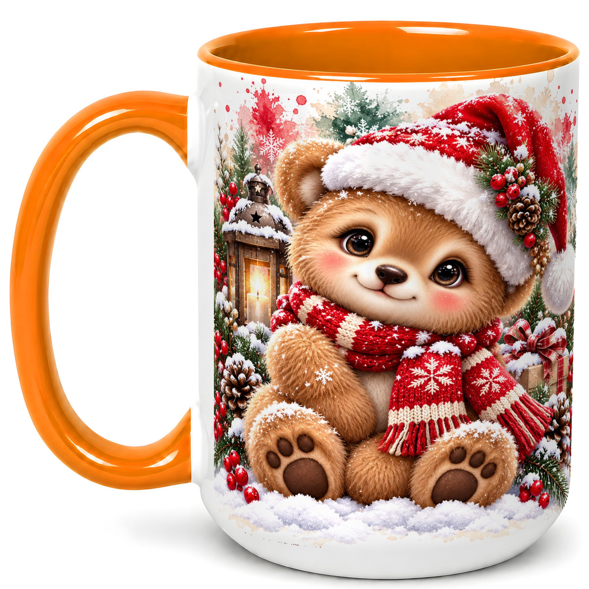 #pl[15oz|Orange] Christmas Teddy Bear Coffee Mug, Santa Bear Mug, Ceramic Cup