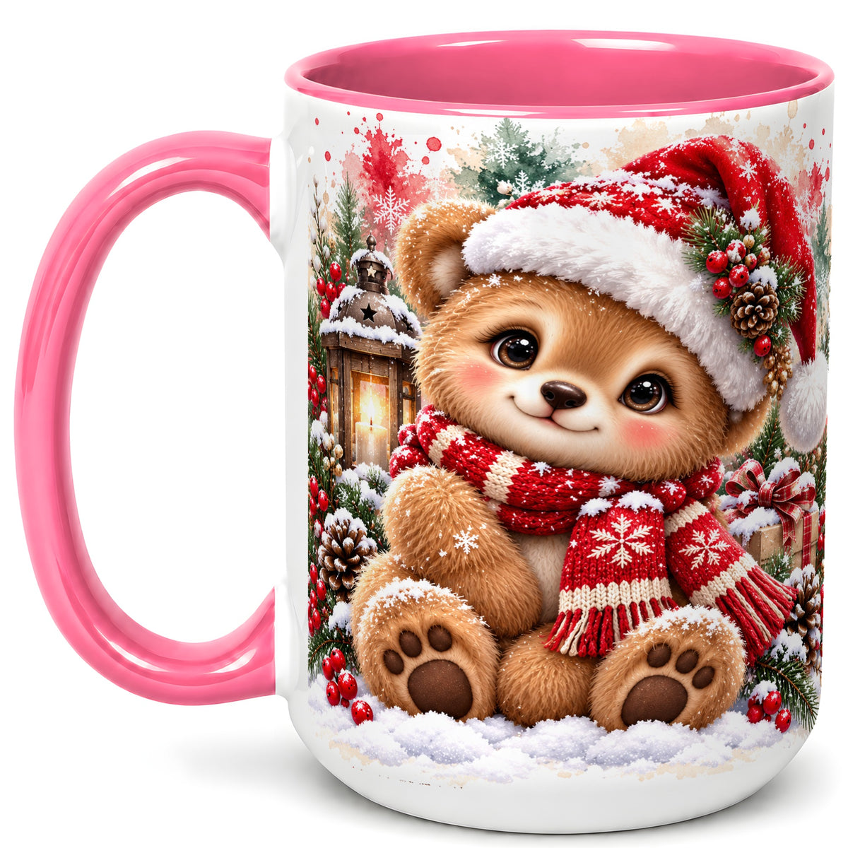 #pl[15oz|Pink] Christmas Teddy Bear Coffee Mug, Santa Bear Mug, Ceramic Cup