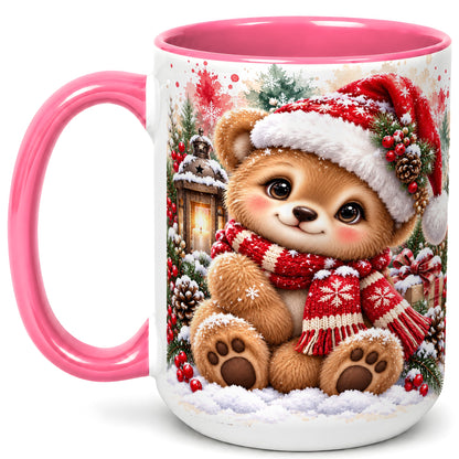 #pl[15oz|Pink] Christmas Teddy Bear Coffee Mug, Santa Bear Mug, Ceramic Cup