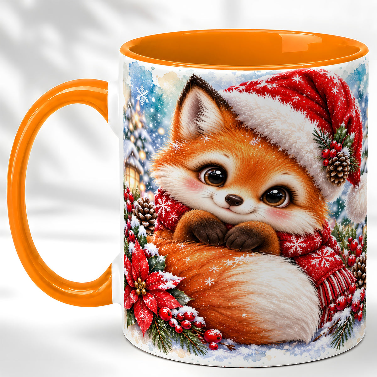 #pl[11oz|Orange] Christmas Fox Coffee Mug, Winter Woodland Fox Mug, Ceramic Cup