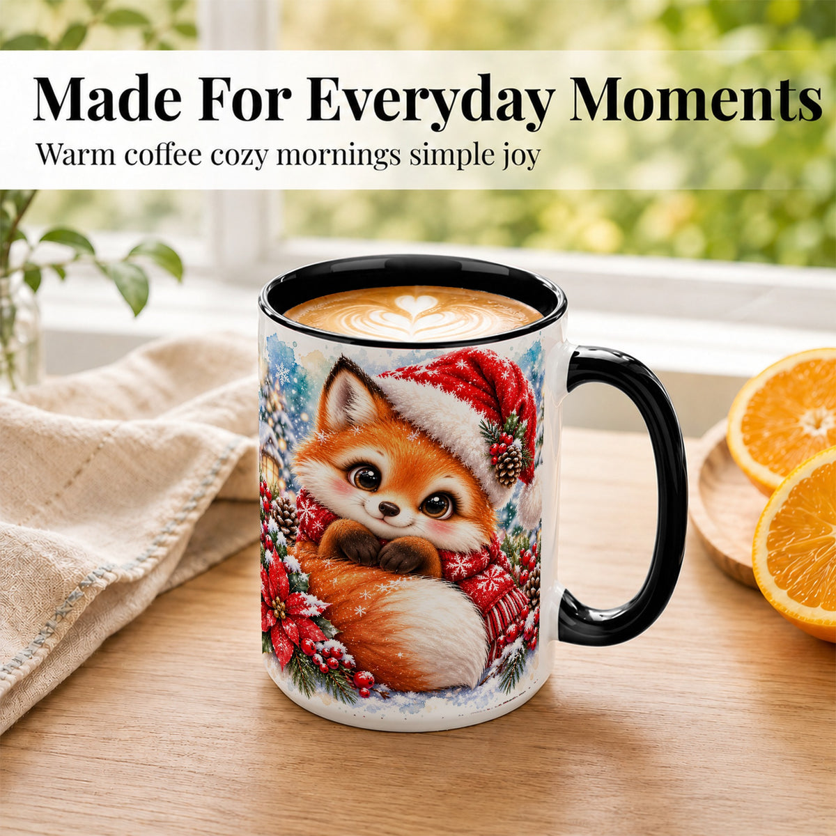 #pl[15oz|Black] Christmas Fox Coffee Mug, Winter Woodland Fox Mug, Ceramic Cup