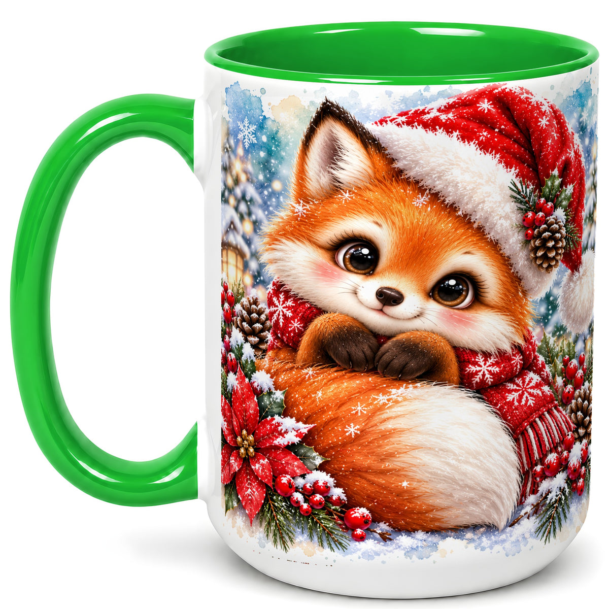 #pl[15oz|Green] Christmas Fox Coffee Mug, Winter Woodland Fox Mug, Ceramic Cup