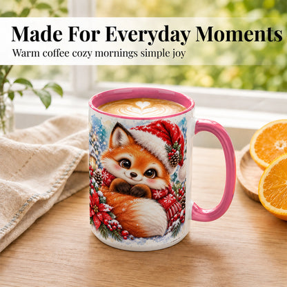 #pl[15oz|Pink] Christmas Fox Coffee Mug, Winter Woodland Fox Mug, Ceramic Cup