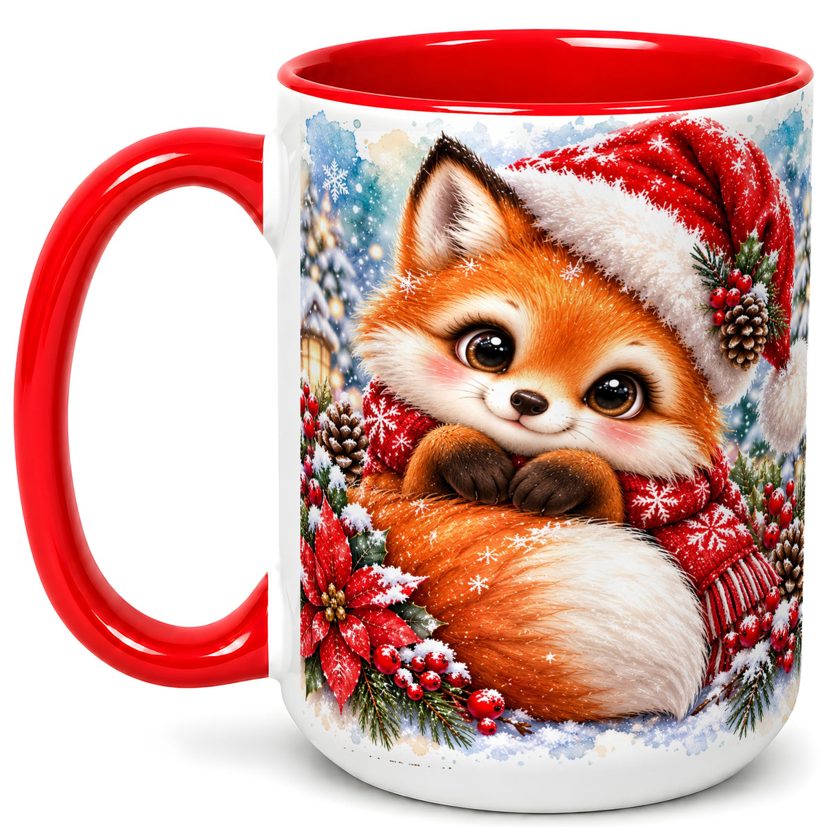 #pl[15oz|Red] Christmas Fox Coffee Mug, Winter Woodland Fox Mug, Ceramic Cup