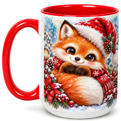 #pl[15oz|Red] Christmas Fox Coffee Mug, Winter Woodland Fox Mug, Ceramic Cup