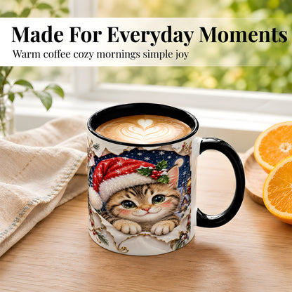 #pl[11oz|Black] Christmas Kitten Coffee Mug, Santa Cat Mug, Ceramic Cup