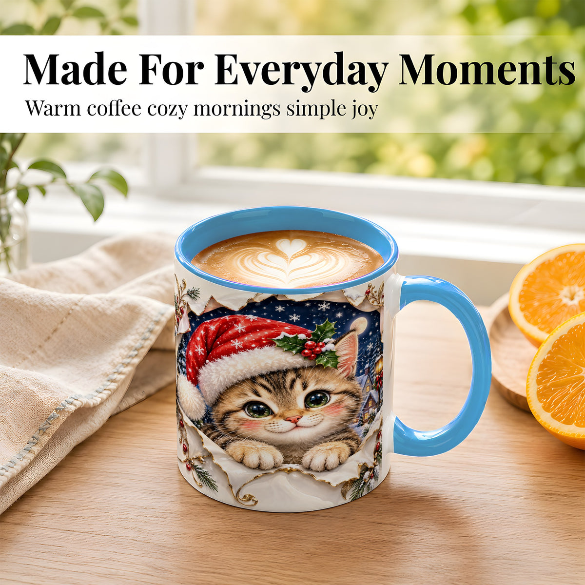 #pl[11oz|Blue] Christmas Kitten Coffee Mug, Santa Cat Mug, Ceramic Cup