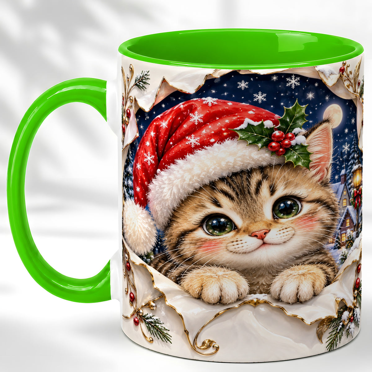 #pl[11oz|Green] Christmas Kitten Coffee Mug, Santa Cat Mug, Ceramic Cup