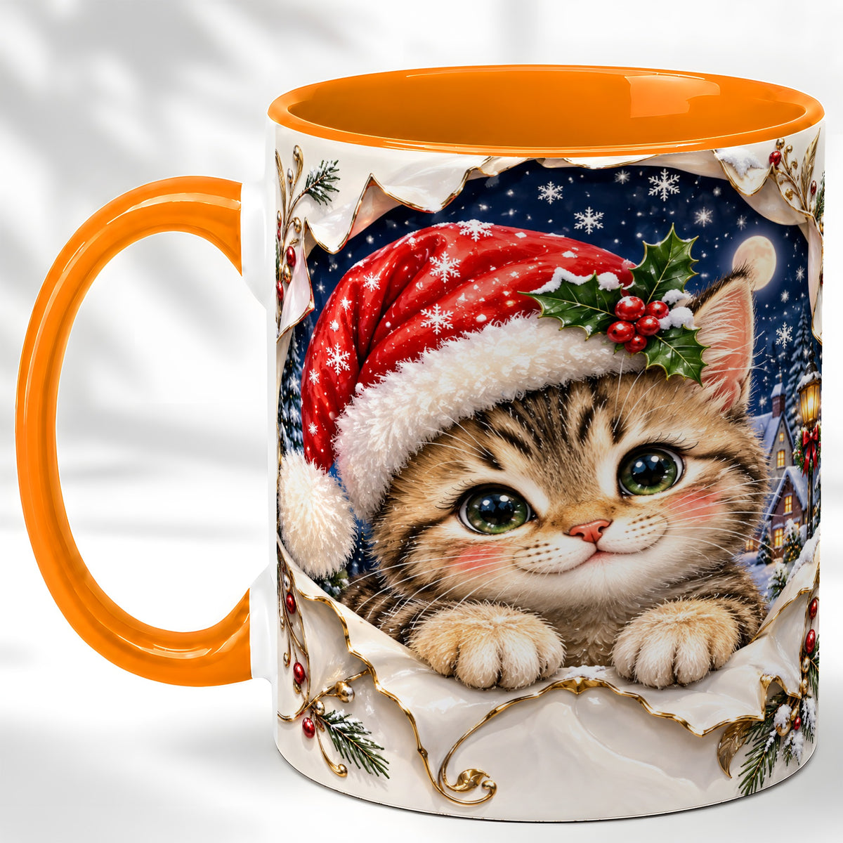 #pl[11oz|Orange] Christmas Kitten Coffee Mug, Santa Cat Mug, Ceramic Cup