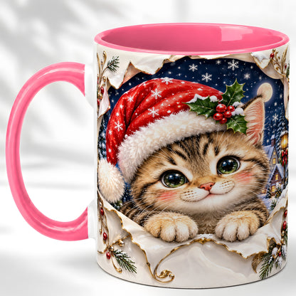 #pl[11oz|Pink] Christmas Kitten Coffee Mug, Santa Cat Mug, Ceramic Cup
