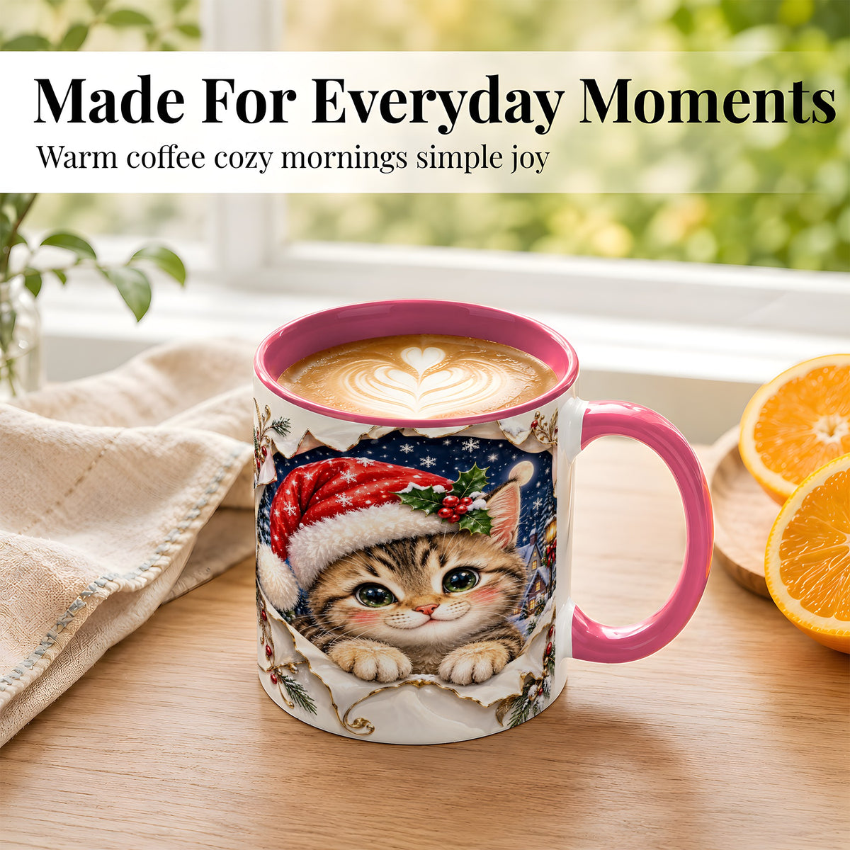 #pl[11oz|Pink] Christmas Kitten Coffee Mug, Santa Cat Mug, Ceramic Cup