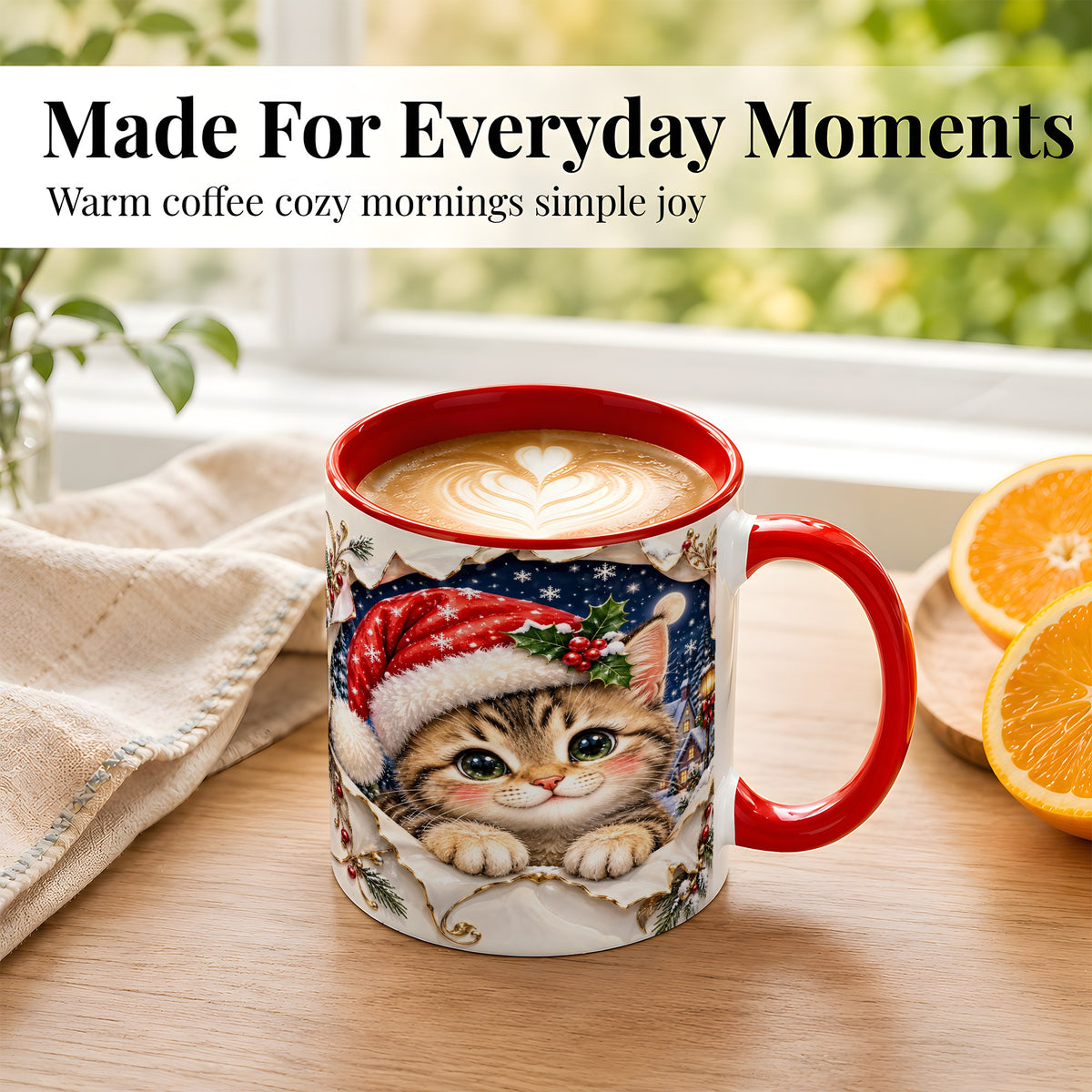 #pl[11oz|Red] Christmas Kitten Coffee Mug, Santa Cat Mug, Ceramic Cup