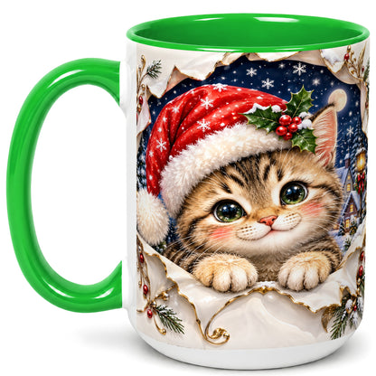#pl[15oz|Green] Christmas Kitten Coffee Mug, Santa Cat Mug, Ceramic Cup