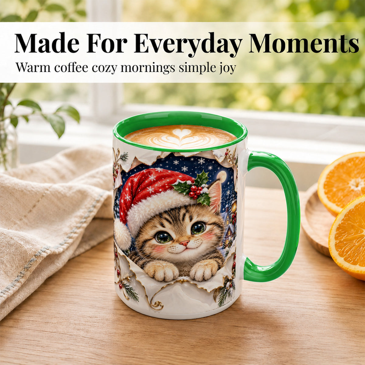 #pl[15oz|Green] Christmas Kitten Coffee Mug, Santa Cat Mug, Ceramic Cup