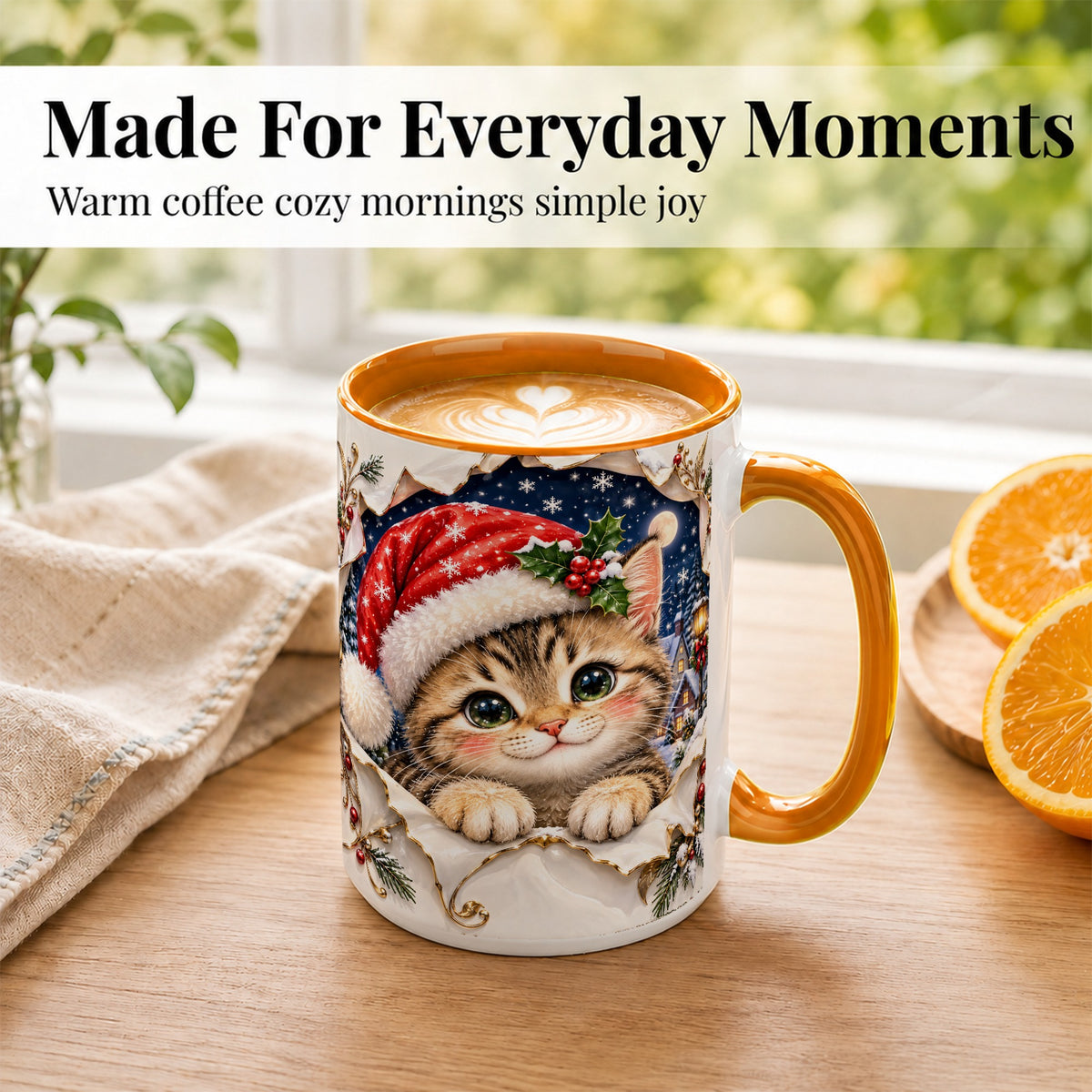 #pl[15oz|Orange] Christmas Kitten Coffee Mug, Santa Cat Mug, Ceramic Cup