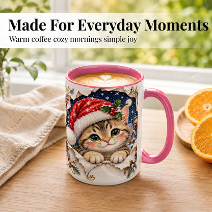 #pl[15oz|Pink] Christmas Kitten Coffee Mug, Santa Cat Mug, Ceramic Cup