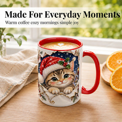 #pl[15oz|Red] Christmas Kitten Coffee Mug, Santa Cat Mug, Ceramic Cup
