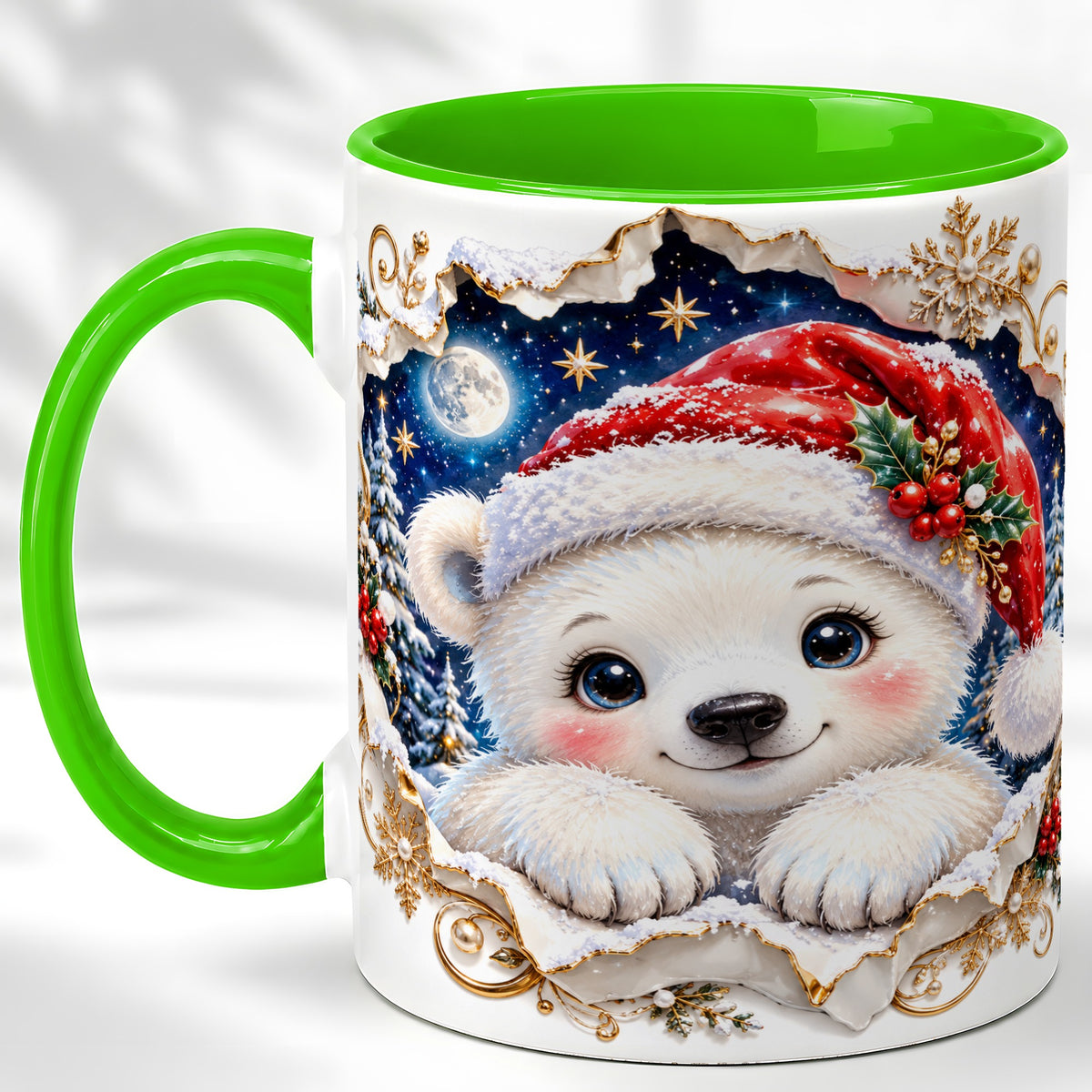 #pl[11oz|Green] Christmas Polar Bear Coffee Mug, Santa Bear Mug, Ceramic Cup