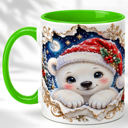 #pl[11oz|Green] Christmas Polar Bear Coffee Mug, Santa Bear Mug, Ceramic Cup
