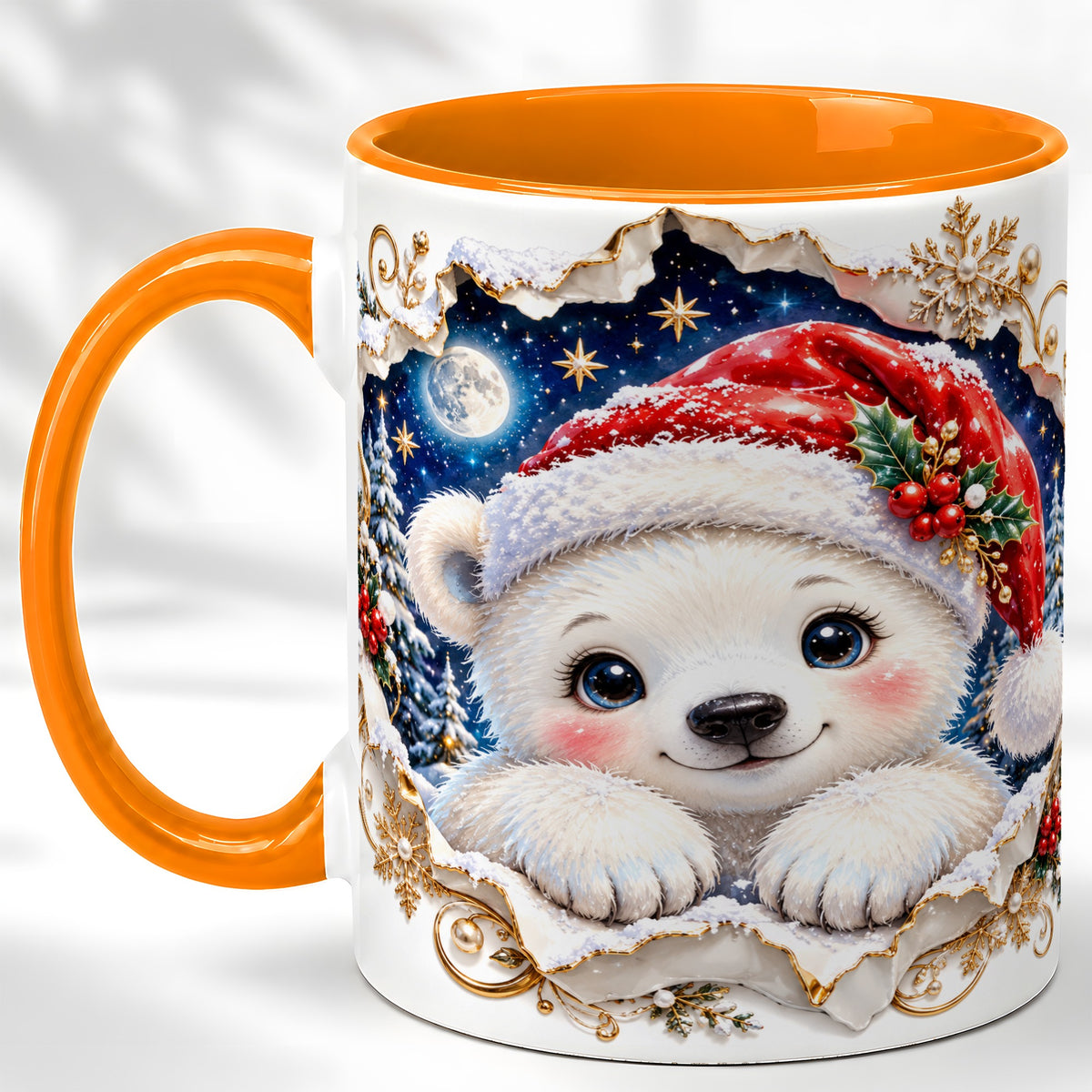 #pl[11oz|Orange] Christmas Polar Bear Coffee Mug, Santa Bear Mug, Ceramic Cup